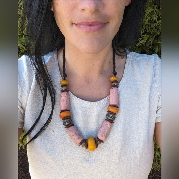 Hand Crafted Jewelry - Vintage Berber Moroccan Handcrafted Pink Stone Silver Bead Statement Necklace